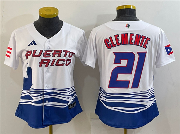 Women's Puerto Rico Baseball #21 Roberto Clemente 2023 White World Baseball Classic Stitched Jersey(Run Small)
